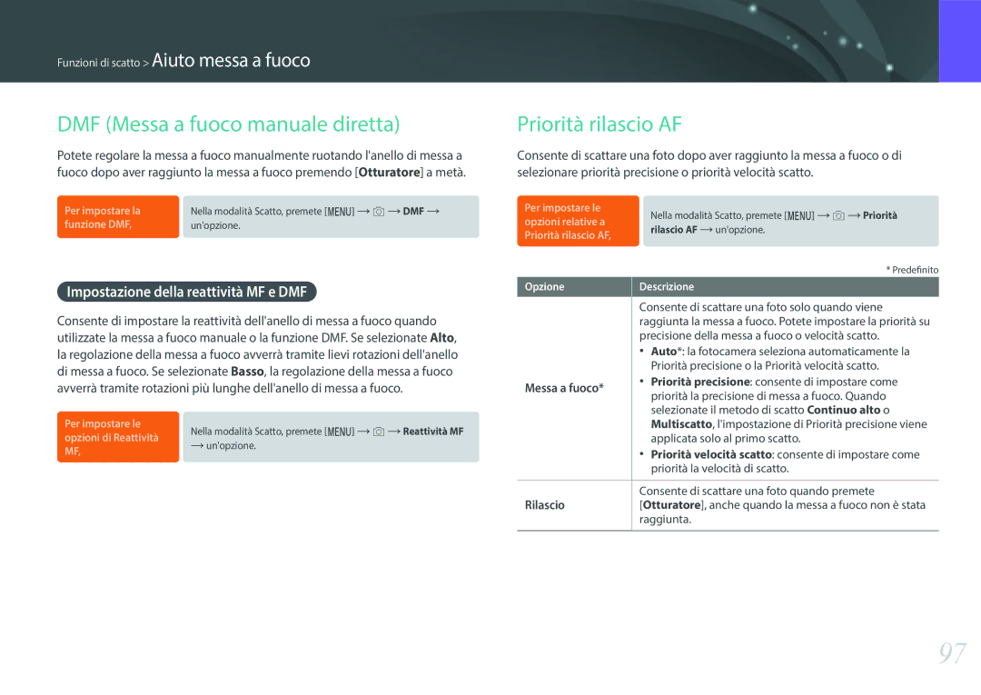 Samsung EV-NX500ZBMIIT DMF Messa a fuoco manuale diretta, Priorità rilascio AF, Impostazione della reattività MF e DMF 