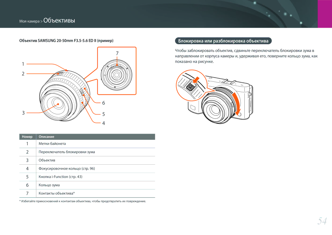Samsung EV-NX500ZBMHRU manual Блокировка или разблокировка объектива, Объектив Samsung 20-50mm F3.5-5.6 ED II пример 