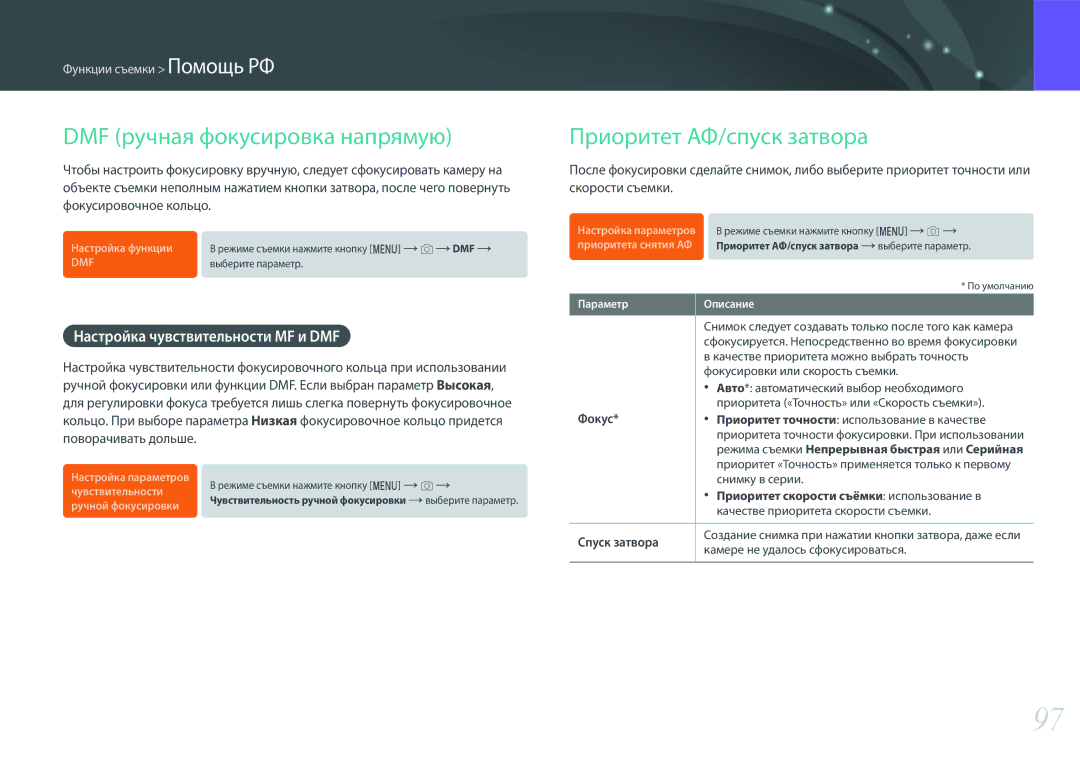 Samsung EV-NX500ZBMIRU DMF ручная фокусировка напрямую, Приоритет АФ/спуск затвора, Настройка чувствительности MF и DMF 