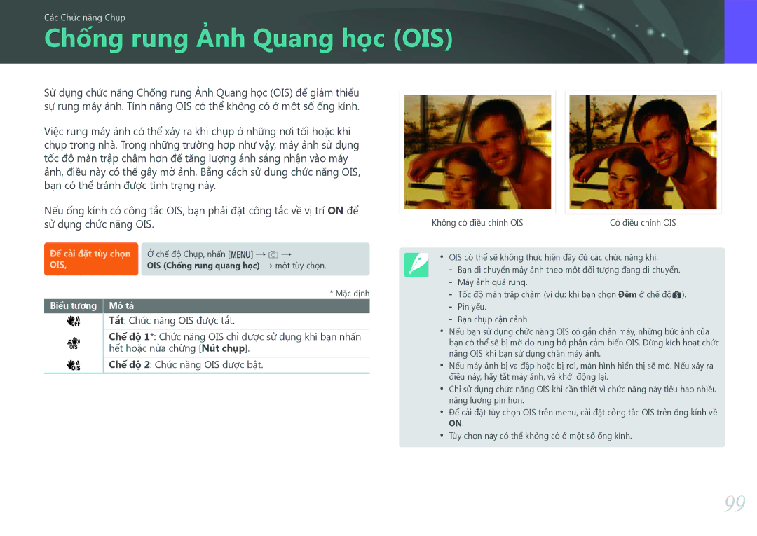 Samsung EV-NX500ZBMIVN manual Chống rung Ảnh Quang học OIS, Tắt Chức năng OIS được tắt, Chế độ 2 Chức năng OIS được bật 