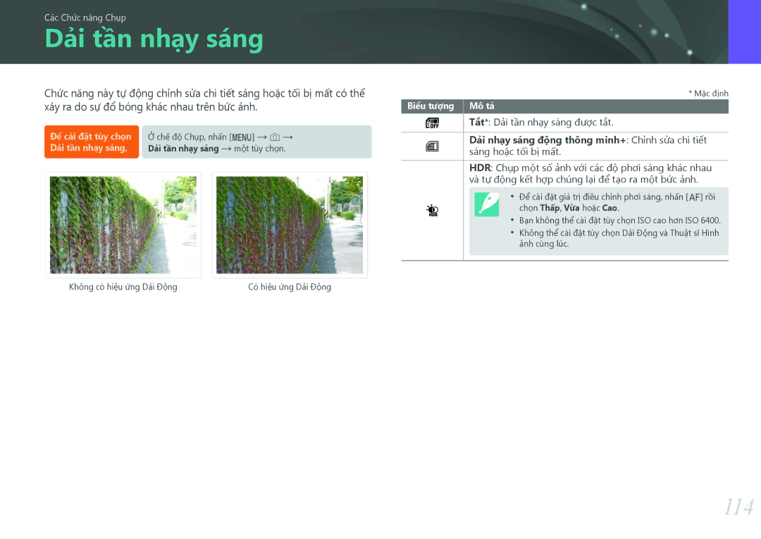 Samsung EV-NX500ZBMJVN, EV-NX500ZBMIVN manual Dải tần nhạy sáng, 114, Xảy ra do sự đổ bóng khác nhau trên bức ảnh 