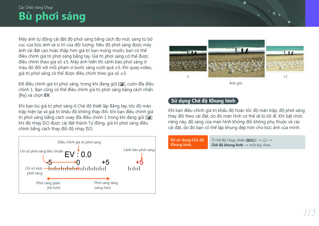 Samsung EV-NX500ZBMIVN, EV-NX500ZBMJVN manual Bù phơi sáng, 115, Sử dụng Chế độ Khung hình 