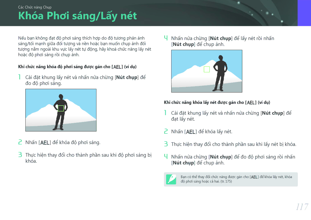 Samsung EV-NX500ZBMIVN manual Khóa Phơi sáng/Lấy nét, 117, Thực hiện thay đổi cho thành phần sau khi độ phơi sáng bị 