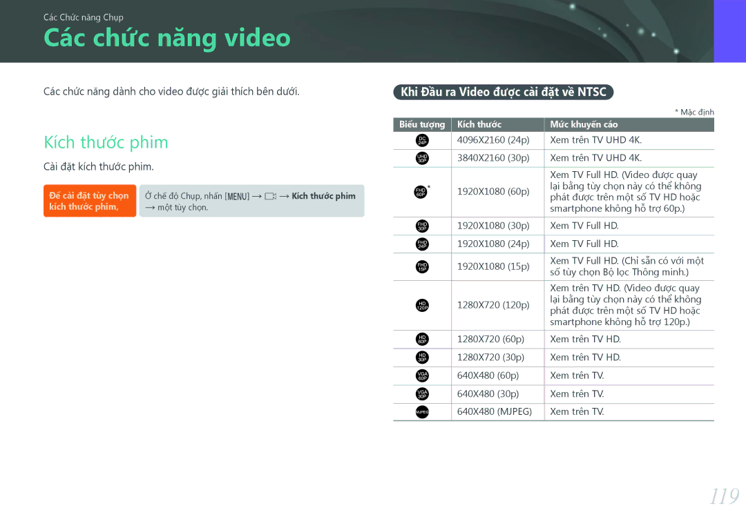 Samsung EV-NX500ZBMIVN, EV-NX500ZBMJVN Các chức năng video, 119, Kích thước phim, Khi Đầu ra Video được cài đặt về Ntsc 