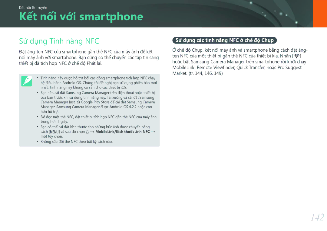 Samsung EV-NX500ZBMJVN manual Kết nối với smartphone, 142, Sử dụng Tính năng NFC, Sử dụng các tính năng NFC ở chế độ Chụp 