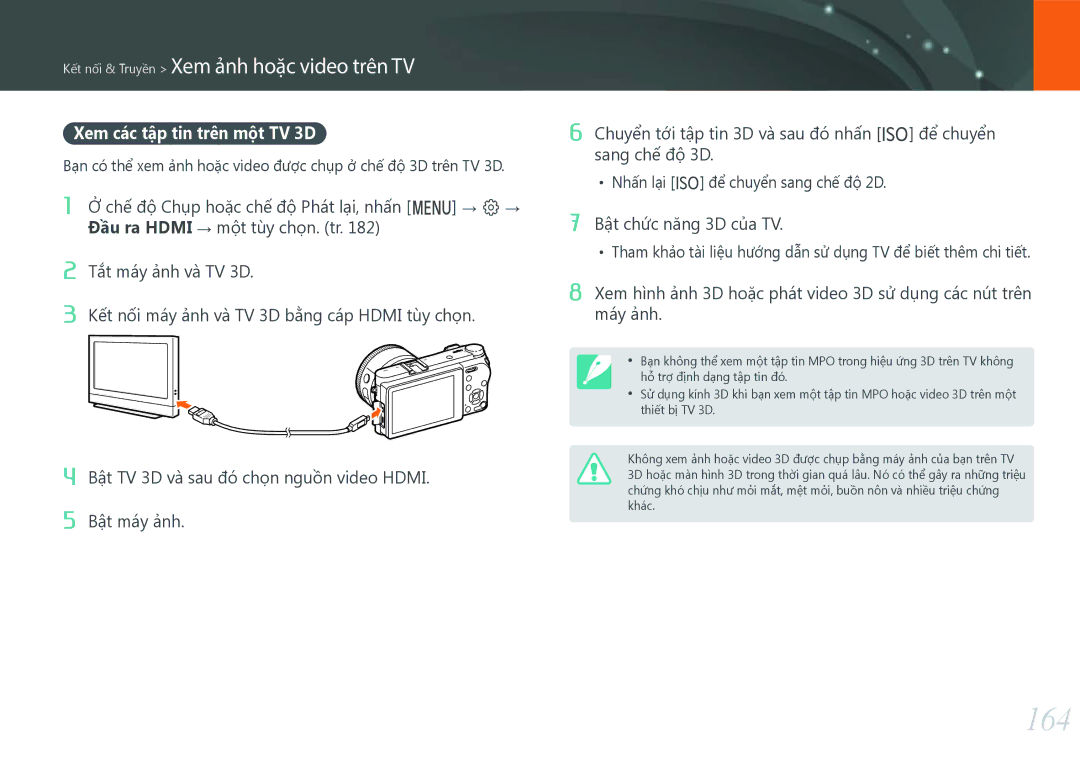 Samsung EV-NX500ZBMJVN, EV-NX500ZBMIVN manual 164, Xem các tập tin trên một TV 3D, Bật chức năng 3D của TV, Máy ảnh 