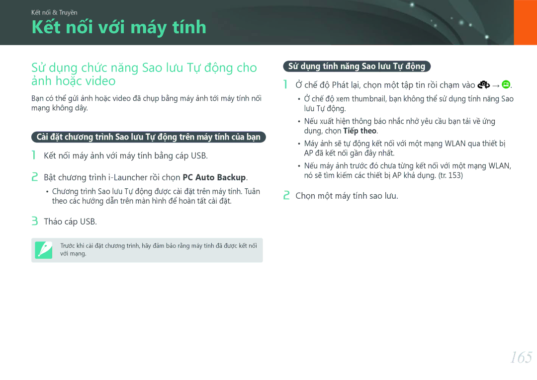 Samsung EV-NX500ZBMIVN, EV-NX500ZBMJVN manual Kết nối với máy tính, 165, Ảnh hoặc video, Sử dụng tính năng Sao lưu Tự động 