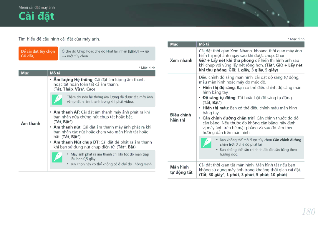 Samsung EV-NX500ZBMJVN, EV-NX500ZBMIVN manual Cài đặt, 180, Tìm hiểu để cấu hình cài đặt của máy ảnh 
