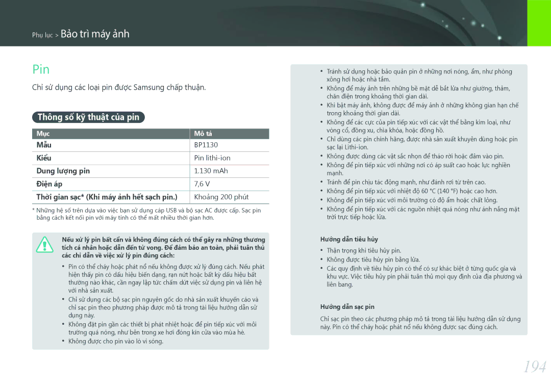 Samsung EV-NX500ZBMJVN manual 194, Pin, Thông số kỹ thuật của pin, Chỉ sử dụng các loại pin được Samsung chấp thuận 