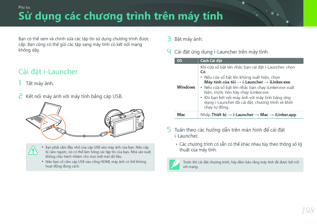 Samsung EV-NX500ZBMJVN, EV-NX500ZBMIVN Sử dụng các chương trình trên máy tính, 198, Cài đặt i-Launcher, Thuật của máy tính 