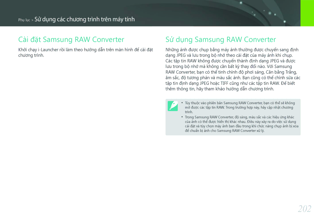 Samsung EV-NX500ZBMJVN, EV-NX500ZBMIVN manual 202, Cài đặt Samsung RAW ConverterSử dụng Samsung RAW Converter 