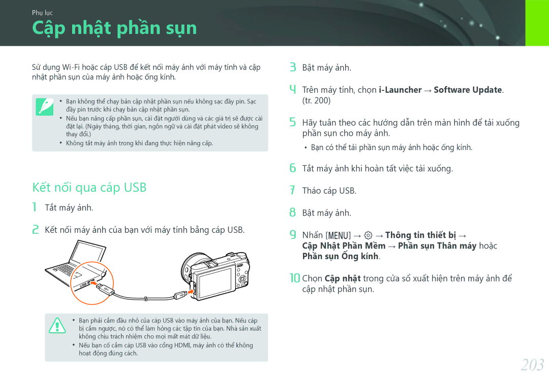 Samsung EV-NX500ZBMIVN, EV-NX500ZBMJVN manual Cập nhật phần sụn, 203, Kết nối qua cáp USB, Phần sụn cho máy ảnh 