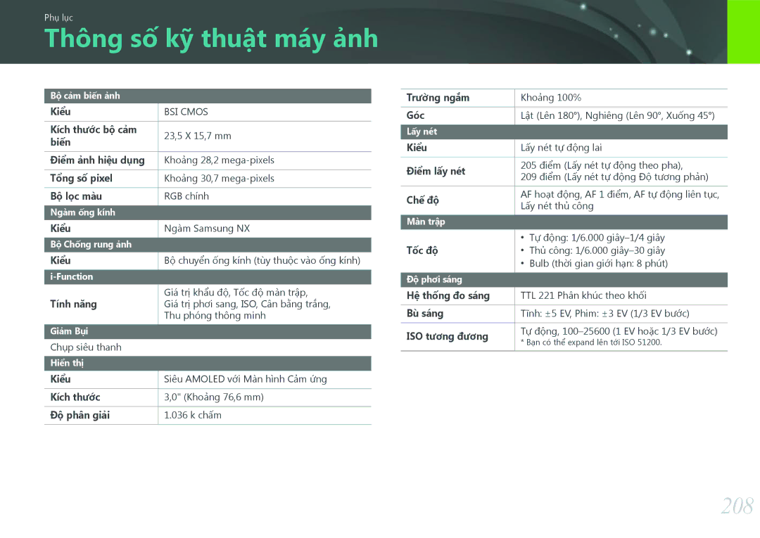 Samsung EV-NX500ZBMJVN, EV-NX500ZBMIVN manual Thông số kỹ thuật máy ảnh, 208 