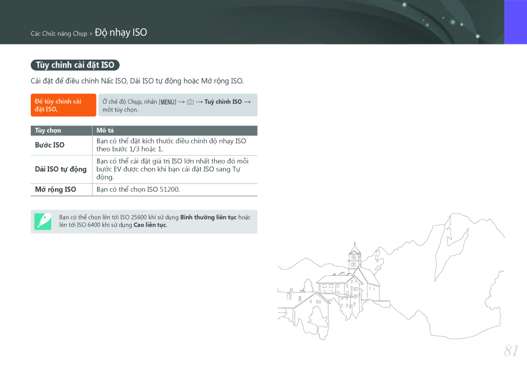 Samsung EV-NX500ZBMIVN, EV-NX500ZBMJVN manual Tùy chỉnh cài đặt ISO, Bước ISO, Dải ISO tự động, Mở rộng ISO 