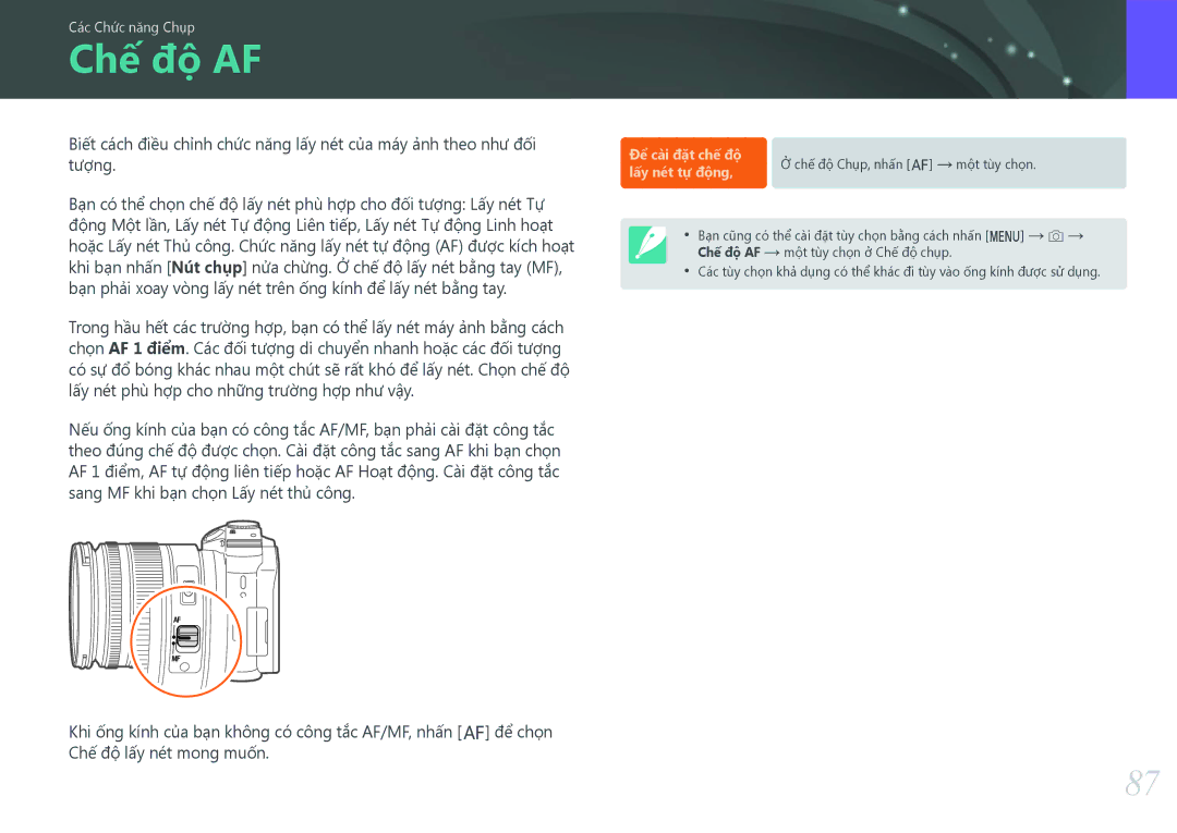 Samsung EV-NX500ZBMIVN manual Chế độ AF, Sang MF khi bạn chọn Lấy nét thủ công, Để cài đặt chế độ, Lấy nét tự động 