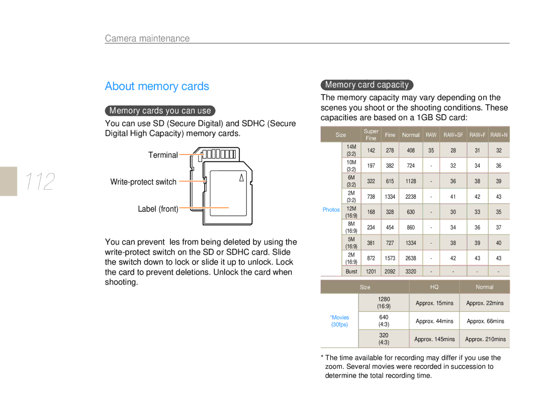 Samsung EV-NX5ZZZBABDE, EV-NX5ZZZBABFR manual 112, About memory cards, Memory cards you can use, Memory card capacity 