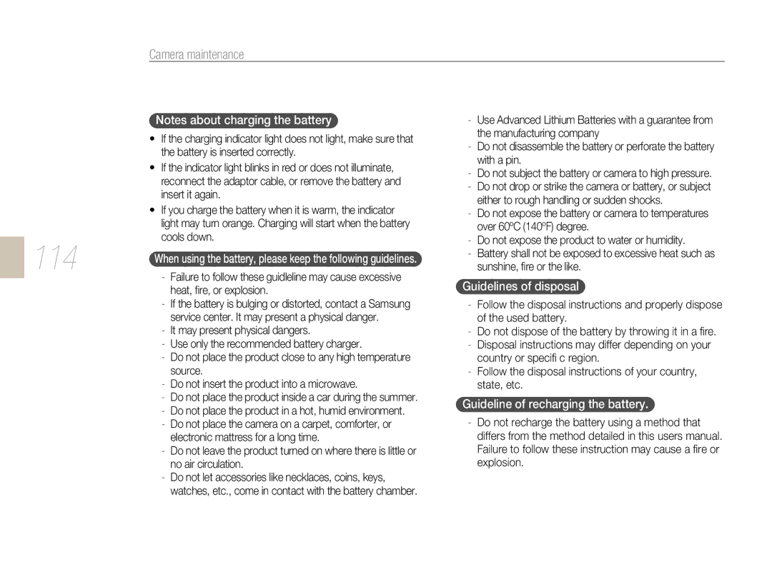 Samsung EV-NX5ZZZBABIT, EV-NX5ZZZBABDE, EV-NX5ZZZBABFR 114, Guidelines of disposal, Guideline of recharging the battery 