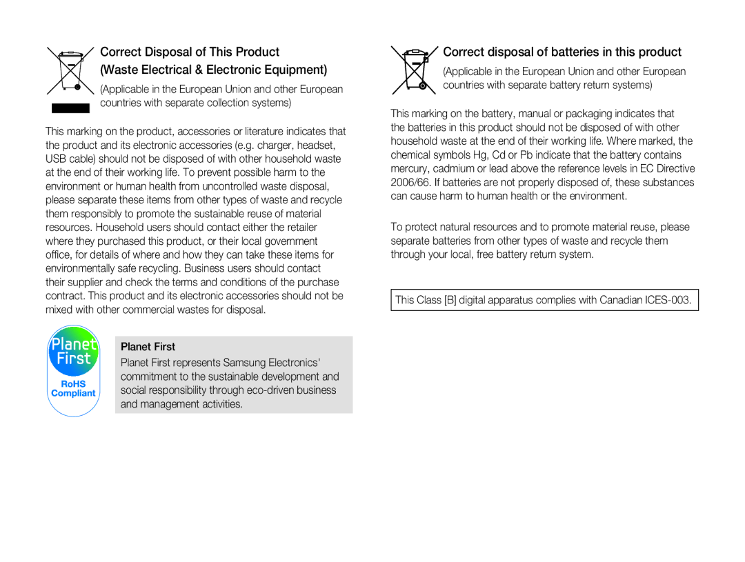 Samsung EV-NX5ZZZBCBHU, EV-NX5ZZZBABDE, EV-NX5ZZZBABFR manual Correct disposal of batteries in this product, Planet First 
