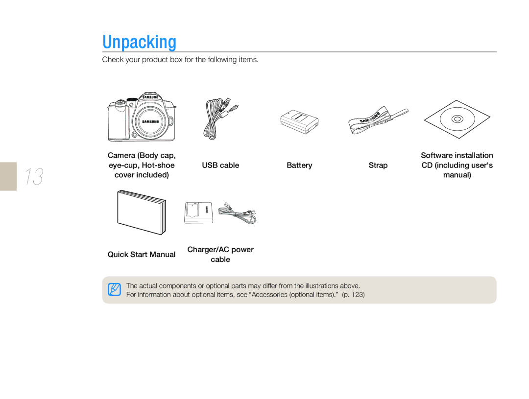 Samsung EV-NX5ZZZBABHU, EV-NX5ZZZBABDE, EV-NX5ZZZBABFR, EV-NX5ZZZBABIT, EV-NX5ZZZBABSA, EV-NX5ZZZBABCZ manual Unpacking 