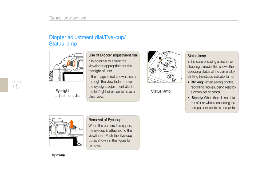 Samsung EV-NX5ZZZBABDE manual Diopter adjustment dial/Eye-cup/ Status lamp, Clear view Status lamp, Removal of Eye-cup 