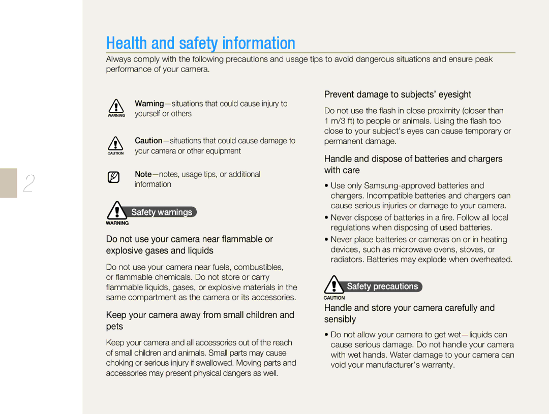 Samsung EV-NX5ZZZBABIT manual Keep your camera away from small children and pets, Prevent damage to subjects’ eyesight 