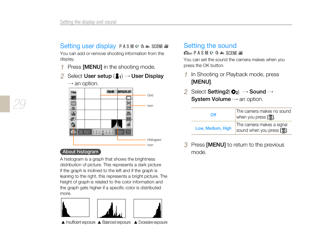 Samsung EV-NX5ZZZBABHU Setting user display Setting the sound, Shooting or Playback mode, press Menu, About histogram 