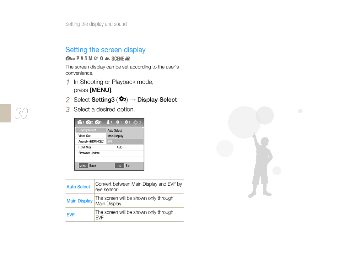 Samsung EV-NX5ZZZBABSE, EV-NX5ZZZBABDE, EV-NX5ZZZBABFR, EV-NX5ZZZBABIT Setting the screen display, Select a desired option 