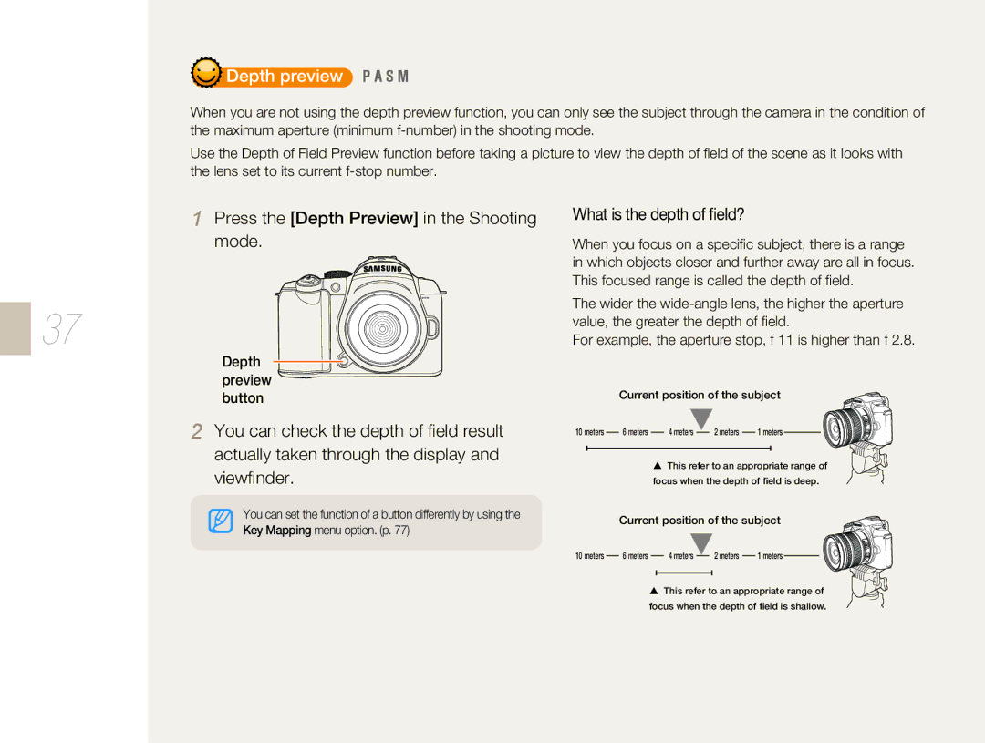 Samsung EV-NX5ZZZBABHU Press the Depth Preview in the Shooting mode, What is the depth of ﬁeld?, Depth preview button 