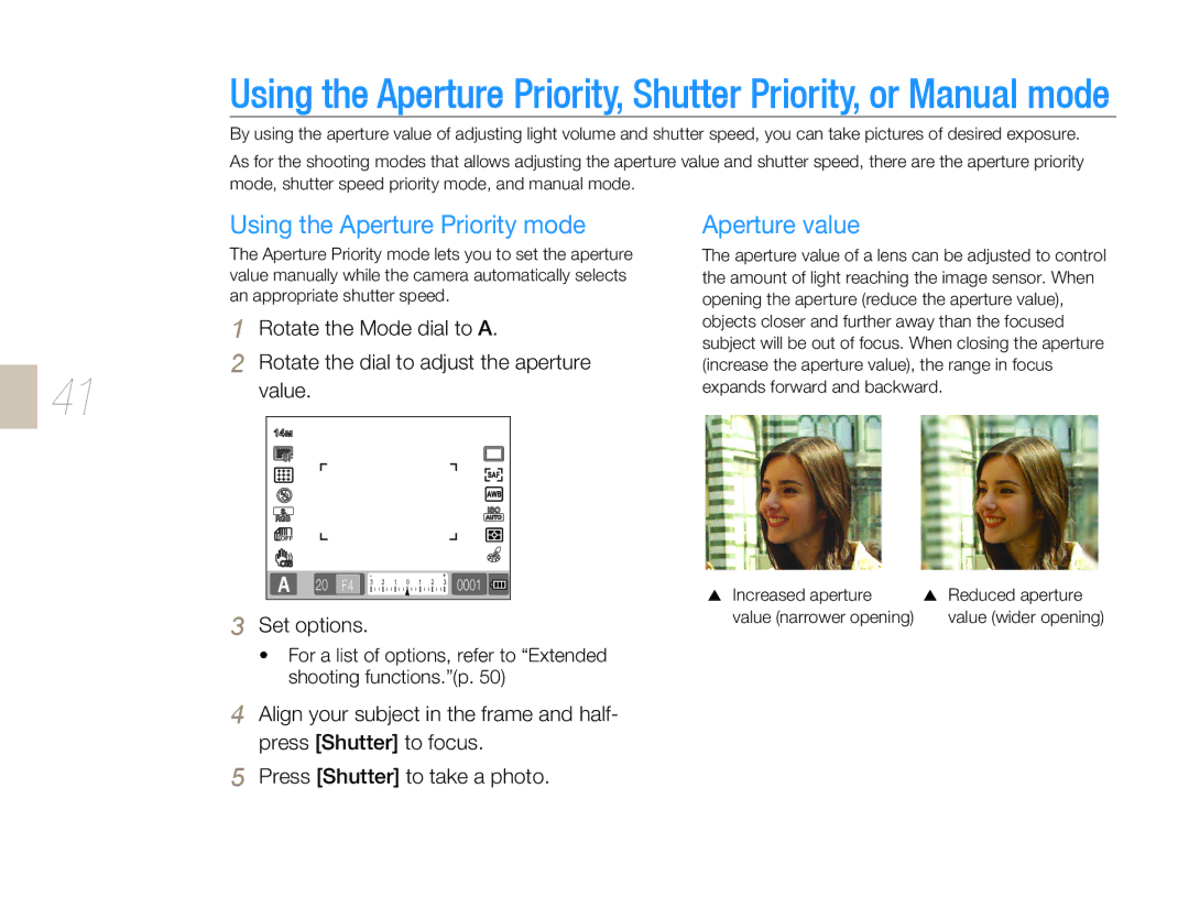 Samsung EV-NX5ZZZBABFR, EV-NX5ZZZBABDE, EV-NX5ZZZBABIT, EV-NX5ZZZBABSA manual Using the Aperture Priority mode, Aperture value 
