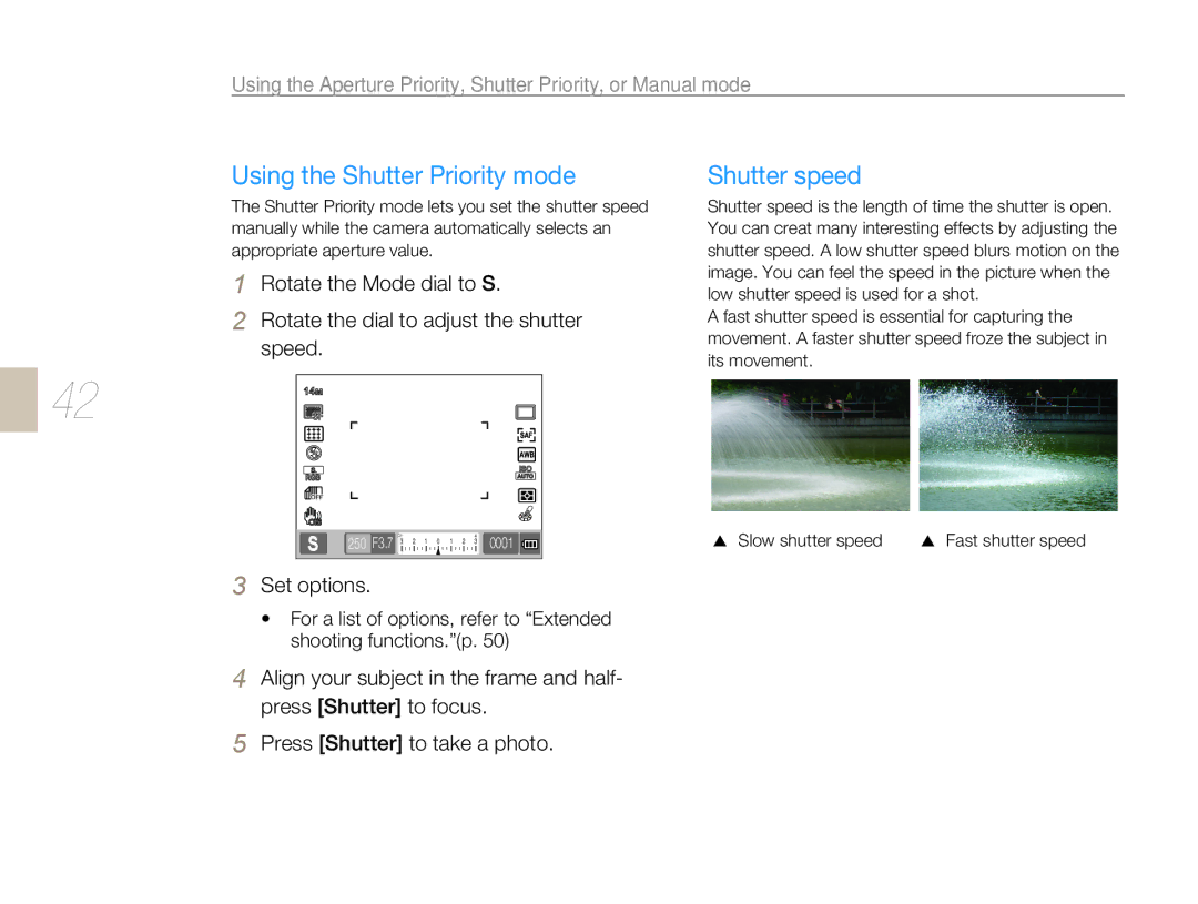 Samsung EV-NX5ZZZBABIT, EV-NX5ZZZBABDE, EV-NX5ZZZBABFR, EV-NX5ZZZBABSA manual Using the Shutter Priority mode, Shutter speed 