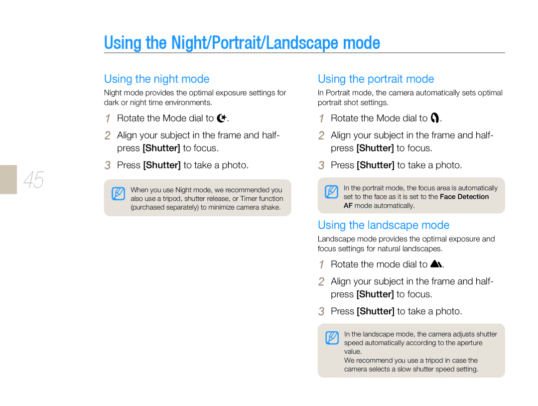 Samsung EV-NX5ZZZBABHU manual Using the Night/Portrait/Landscape mode, Using the night mode, Using the portrait mode 