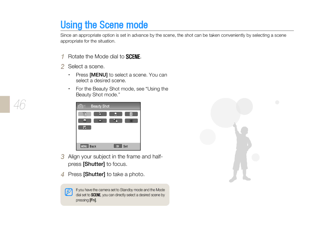 Samsung EV-NX5ZZZBABSE, EV-NX5ZZZBABDE, EV-NX5ZZZBABFR manual Using the Scene mode, Rotate the Mode dial to Select a scene 