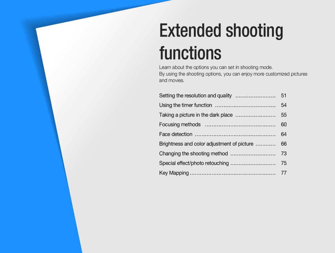 Samsung EV-NX5ZZZBABIT, EV-NX5ZZZBABDE, EV-NX5ZZZBABFR, EV-NX5ZZZBABSA, EV-NX5ZZZBABCZ manual Extended shooting functions 