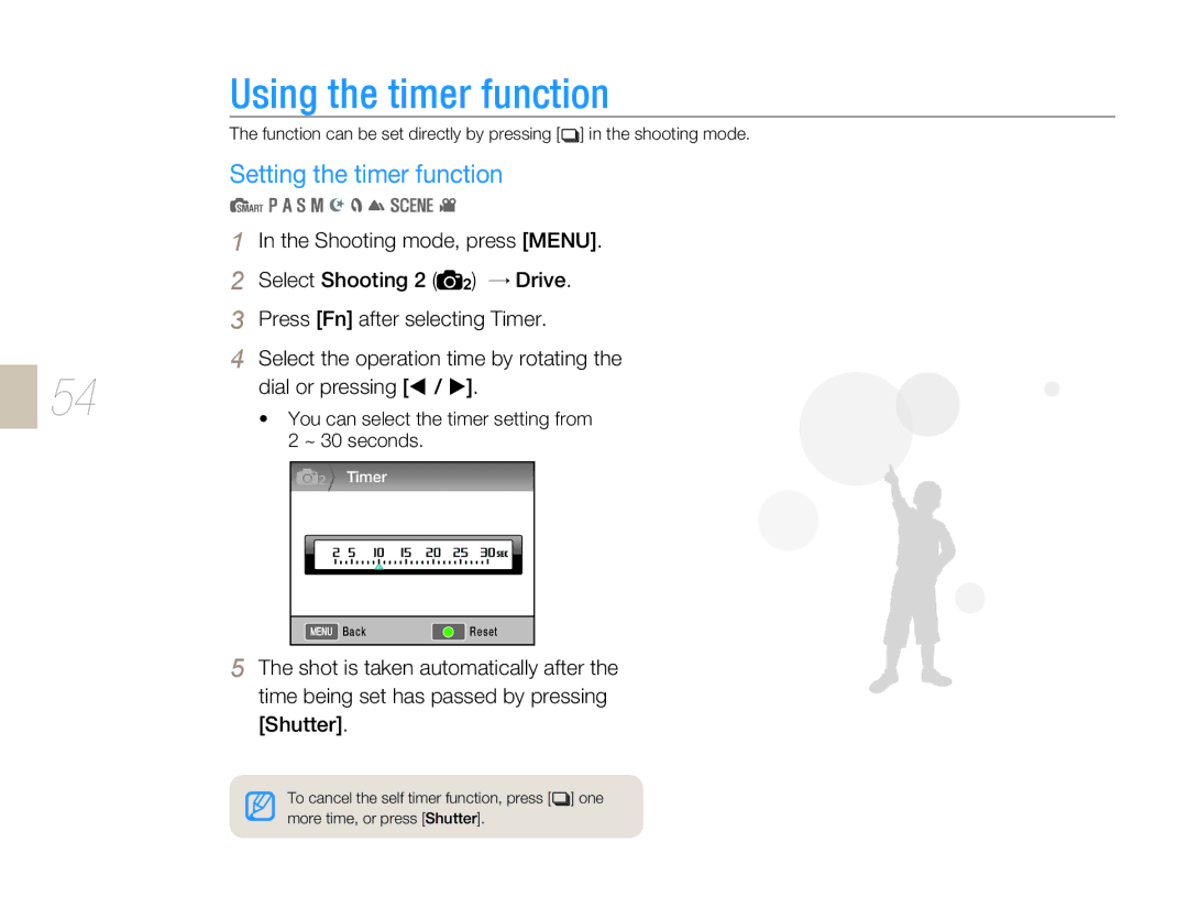 Samsung EV-NX5ZZZBABSE manual Using the timer function, Setting the timer function, You can select the timer setting from 