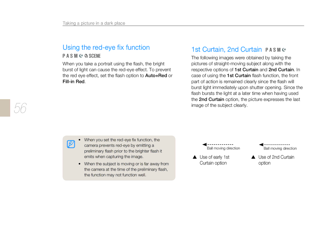 Samsung EV-NX5ZZZBABDE, EV-NX5ZZZBABFR manual Using the red-eye ﬁx function, Use of early 1st, Curtain option Option 