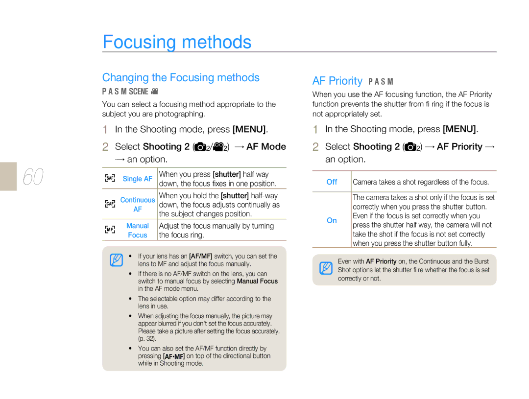 Samsung EV-NX5ZZZBABCZ, EV-NX5ZZZBABDE, EV-NX5ZZZBABFR, EV-NX5ZZZBABIT manual Changing the Focusing methods, Single AF 