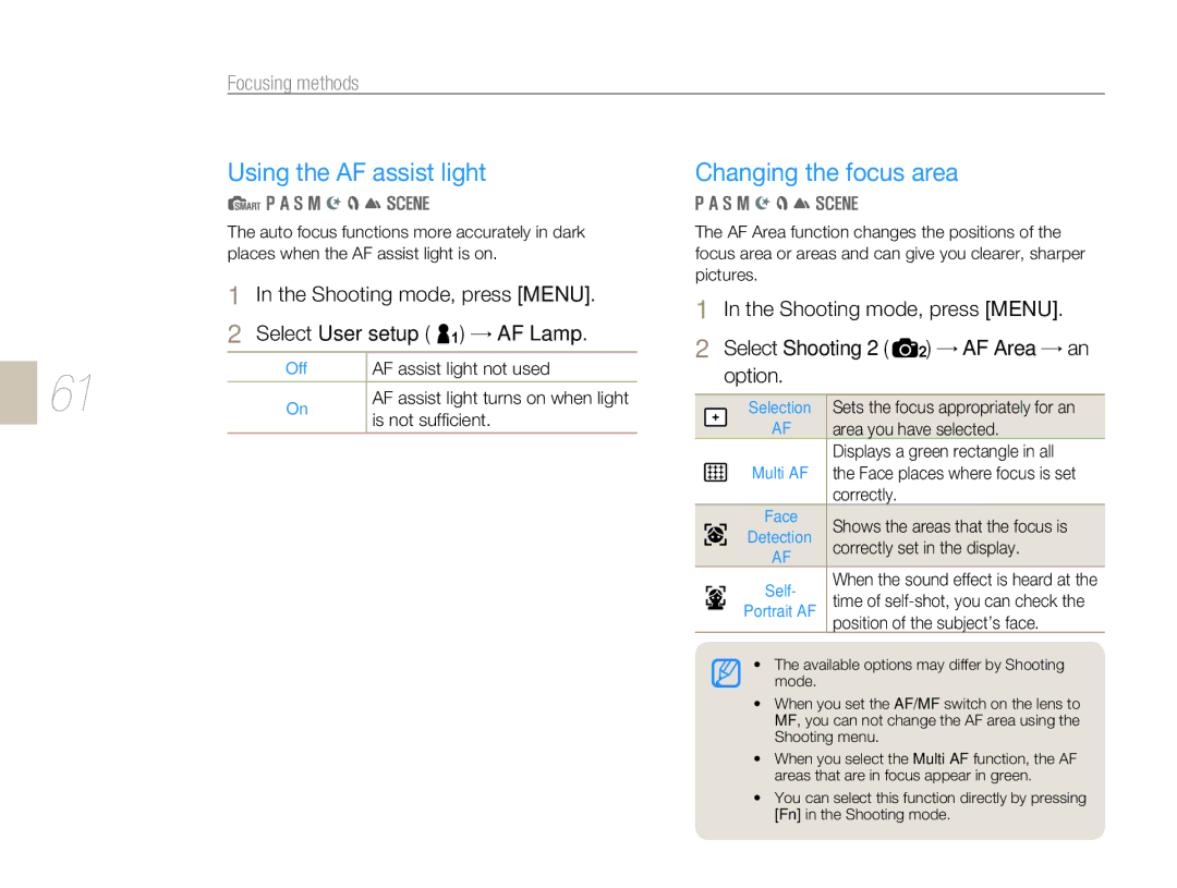 Samsung EV-NX5ZZZBABHU, EV-NX5ZZZBABDE, EV-NX5ZZZBABFR manual Using the AF assist light, Select User setup 1 → AF Lamp 