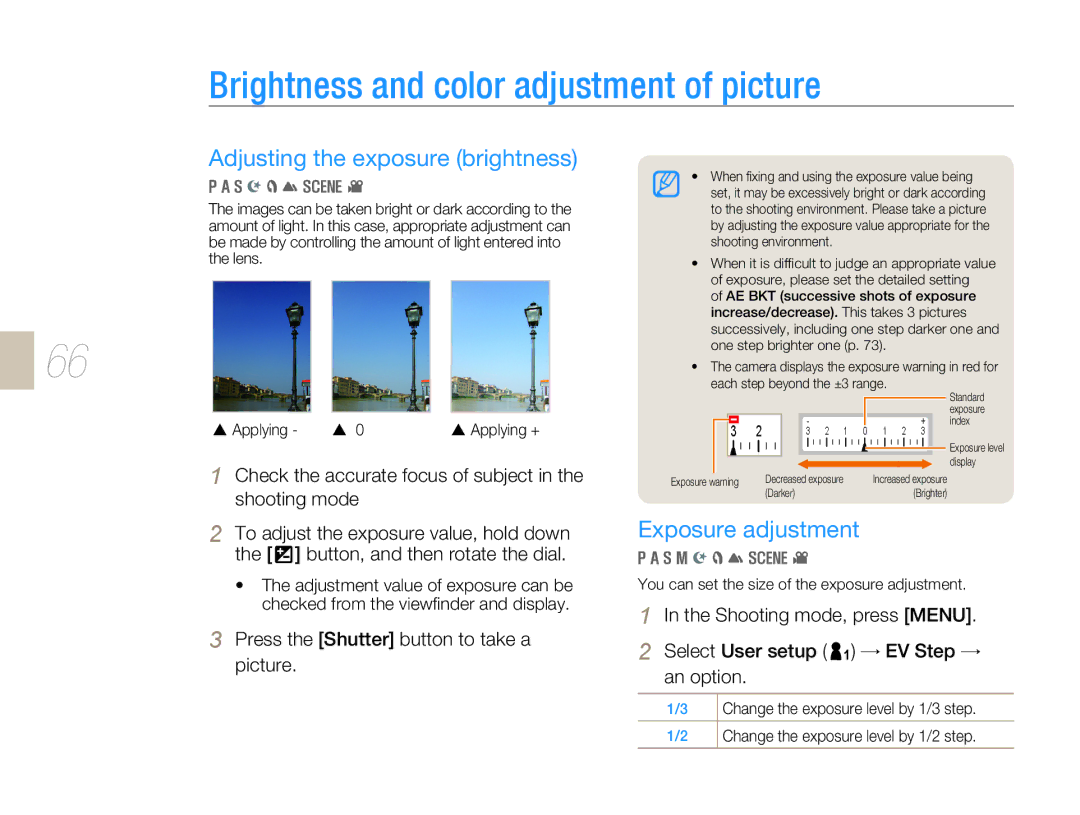 Samsung EV-NX5ZZZBABIT Brightness and color adjustment of picture, Adjusting the exposure brightness, Exposure adjustment 