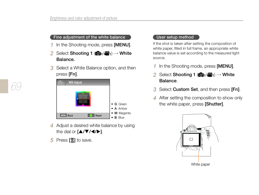 Samsung EV-NX5ZZZBABHU, EV-NX5ZZZBABDE, EV-NX5ZZZBABFR Fine adjustment of the white balance User setup method, White paper 