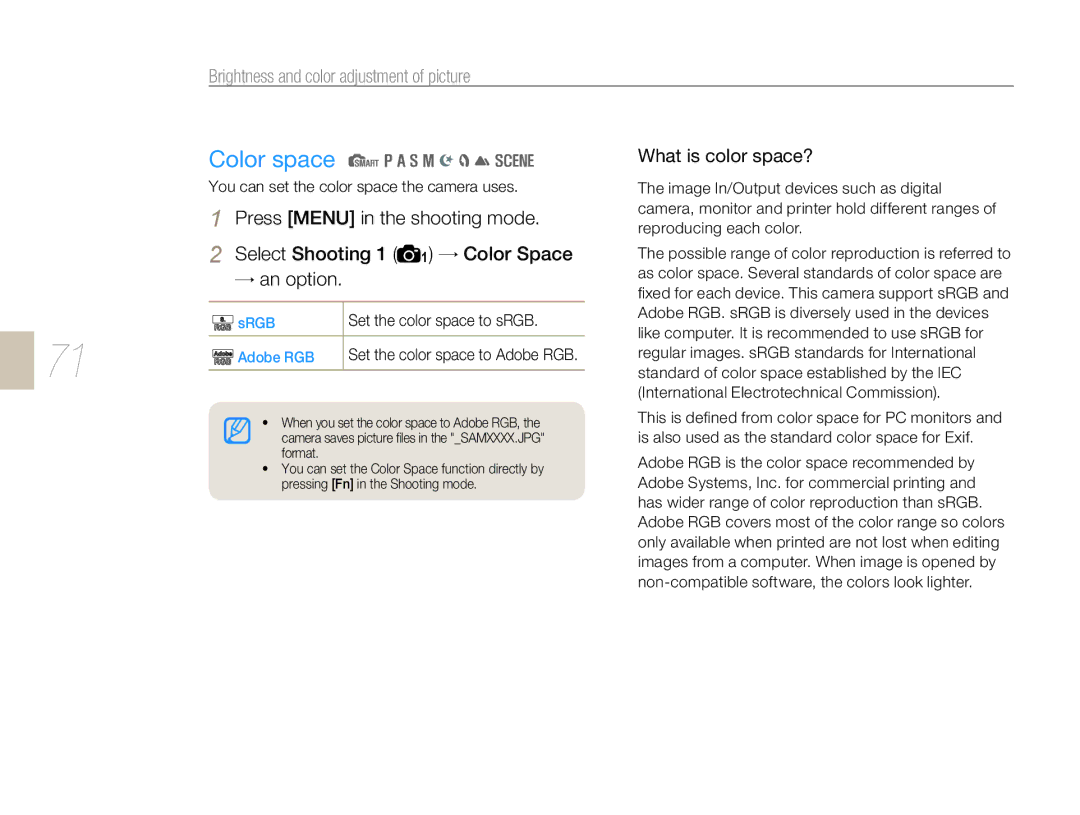 Samsung EV-NX5ZZZBCBHU Color space, What is color space?, You can set the color space the camera uses, Srgb, Adobe RGB 