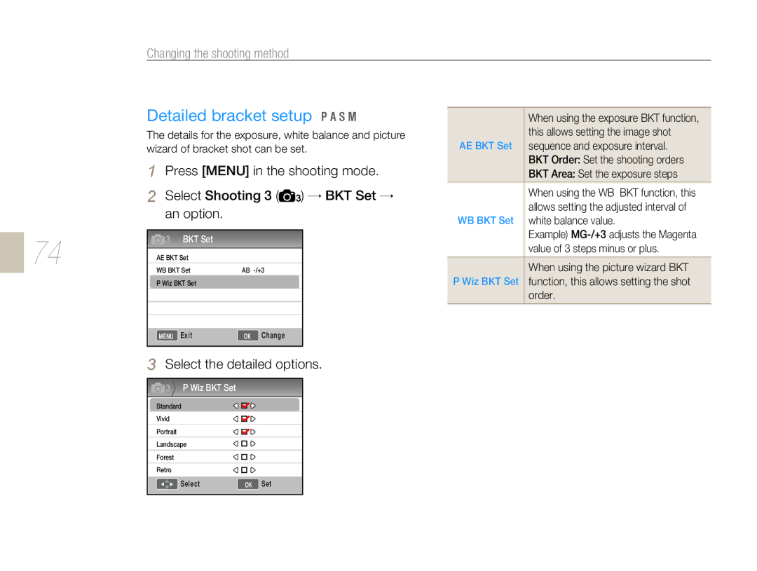 Samsung EV-NX5ZZZBABIT manual Detailed bracket setup, Press Menu in the shooting mode, Select Shooting 3 3 → BKT Set → 