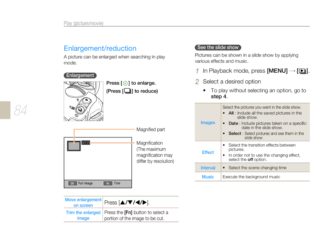 Samsung EV-NX5ZZZBABCZ, EV-NX5ZZZBABDE, EV-NX5ZZZBABFR Enlargement/reduction, Playback mode, press Menu →, Press S/ T/ W 