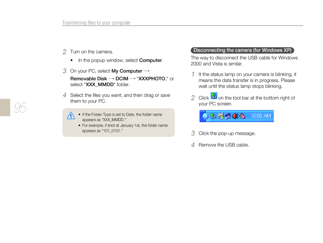 Samsung EV-NX5ZZZBCBHU, EV-NX5ZZZBABDE, EV-NX5ZZZBABFR, EV-NX5ZZZBABIT manual Disconnecting the camera for Windows XP 