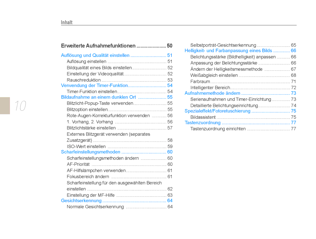 Samsung EV-NX5ZZZBABDE manual Inhalt, Erweiterte Aufnahmefunktionen 