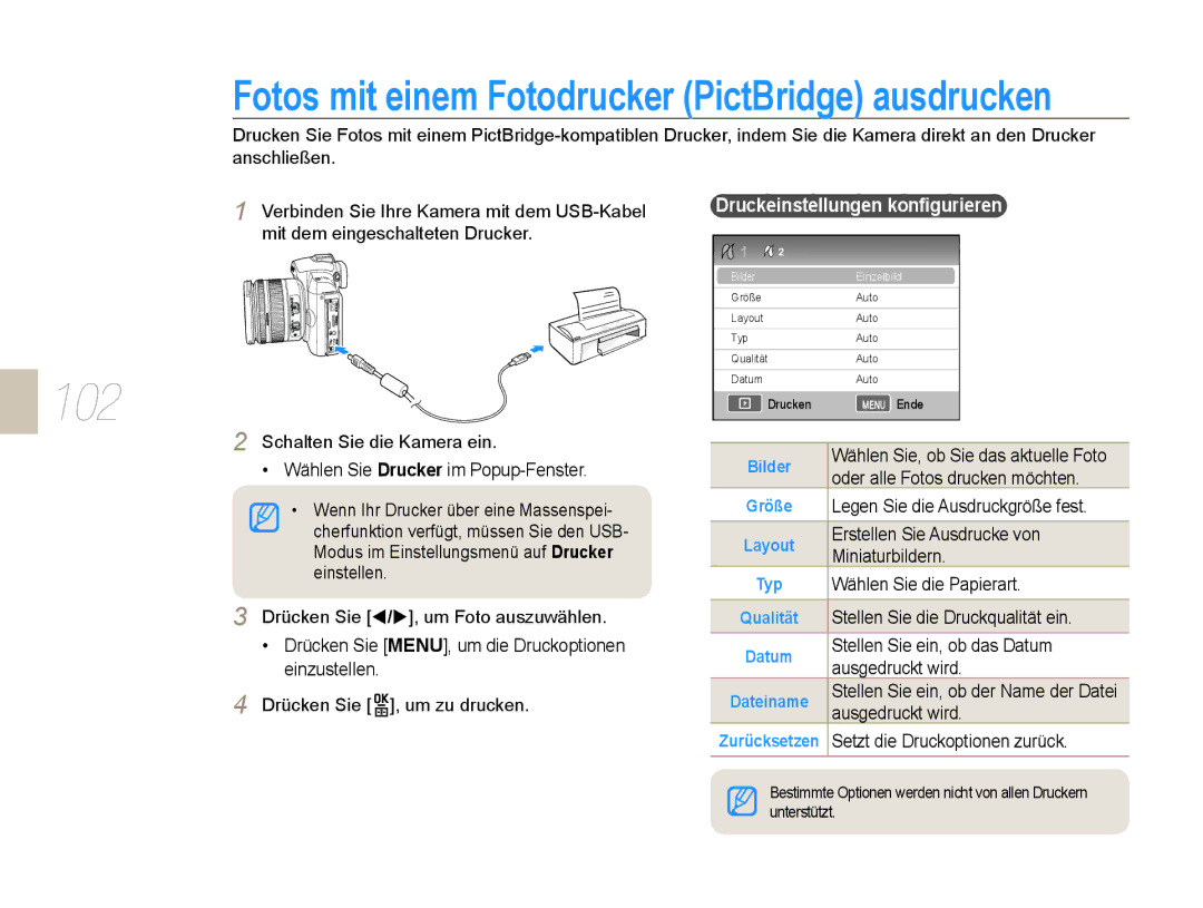 Samsung EV-NX5ZZZBABDE manual Fotos mit einem Fotodrucker PictBridge ausdrucken, Druckeinstellungen konﬁgurieren 