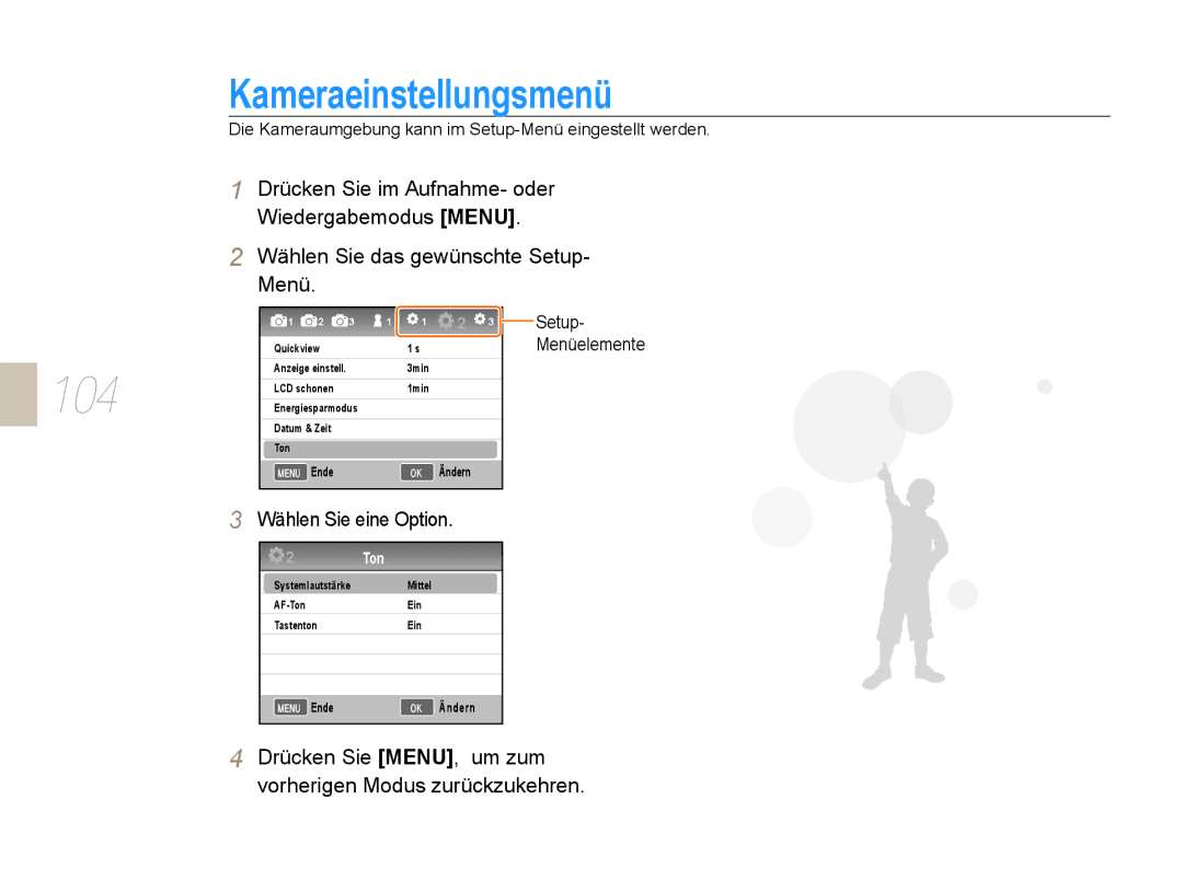 Samsung EV-NX5ZZZBABDE manual Kameraeinstellungsmenü, Drücken Sie MENU, um zum vorherigen Modus zurückzukehren 