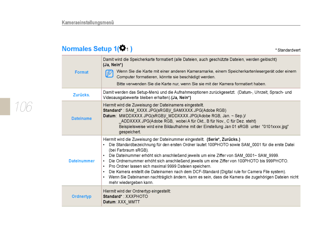 Samsung EV-NX5ZZZBABDE manual 106, Normales Setup 1, Ja, Nein, Standard* Xxxphoto 