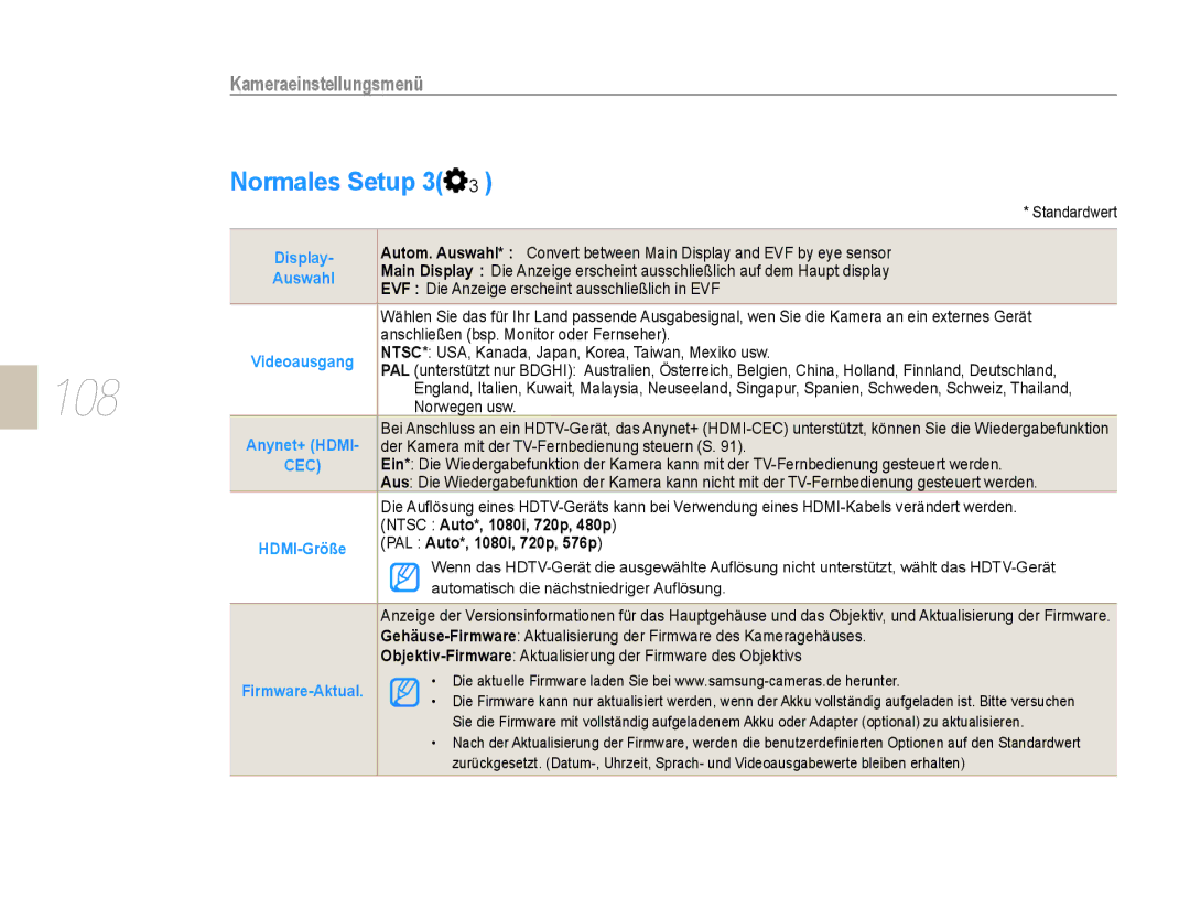 Samsung EV-NX5ZZZBABDE manual Normales Setup 3, Ntsc Auto*, 1080i, 720p, 480p, PAL Auto*, 1080i, 720p, 576p 