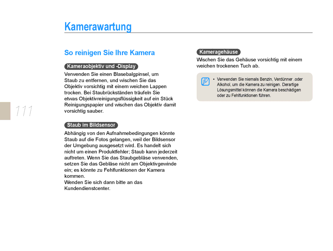 Samsung EV-NX5ZZZBABDE Kamerawartung, 111, So reinigen Sie Ihre Kamera, Kameraobjektiv und -Display, Staub im Bildsensor 