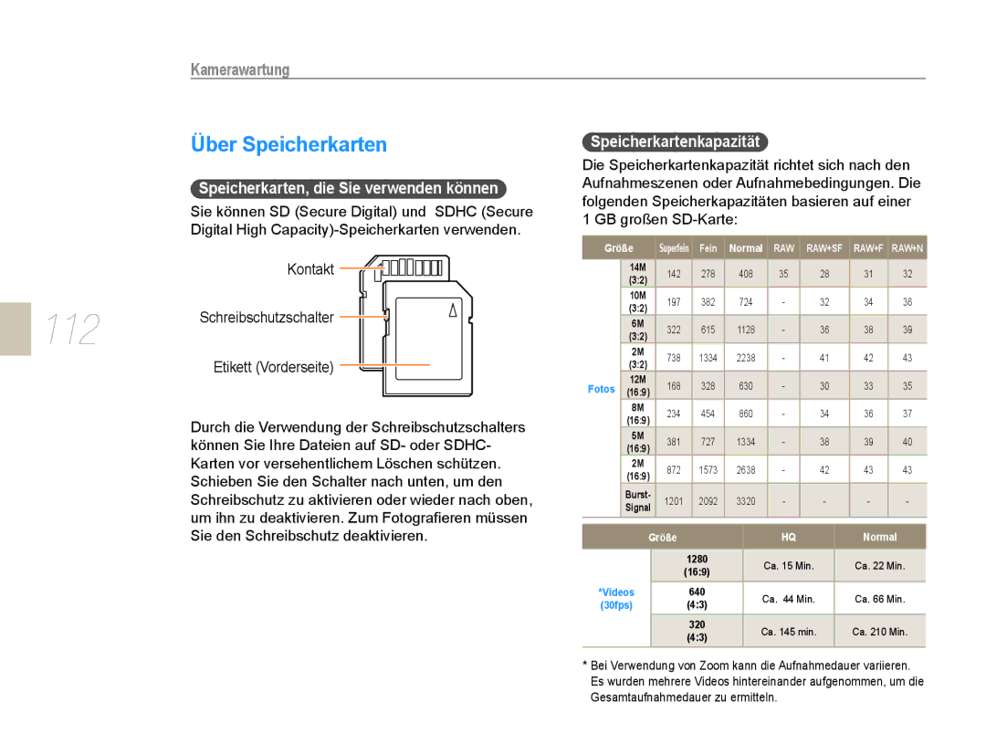 Samsung EV-NX5ZZZBABDE manual 112, Über Speicherkarten, Kamerawartung, Speicherkarten, die Sie verwenden können 